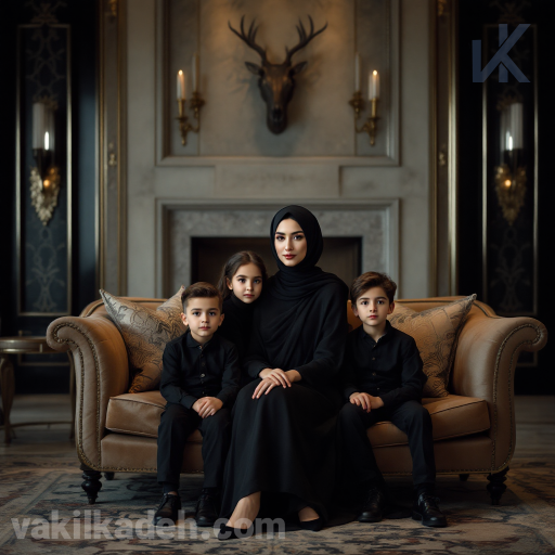 مادر در کنار فرزندان با لباس مشکی